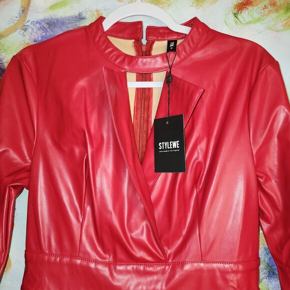 StyleWe Red Faux Leather Long Sleeve Midi Dress With Keyhole Neckline - Picture 6 of 10